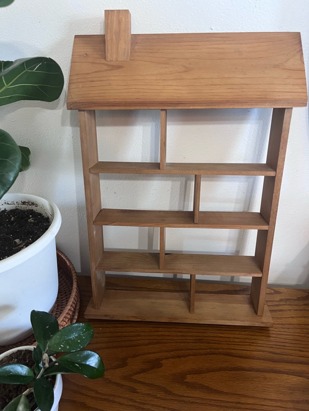 Vintage Natural Wood doll House-Shaped Wall Knick knack Shelf -